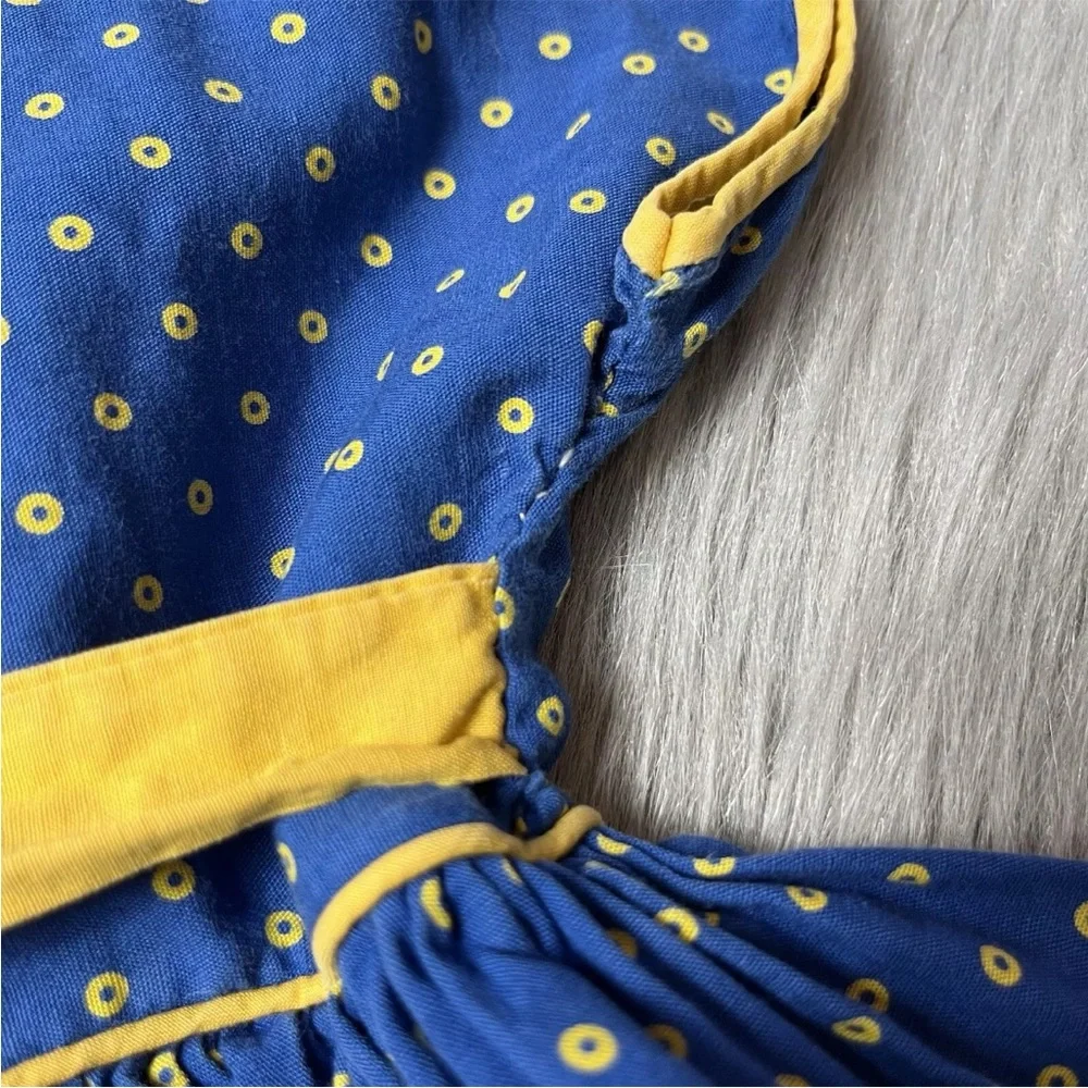 Vintage 1950s Toddler Girls Blue Yellow Tie Back Dot Dress